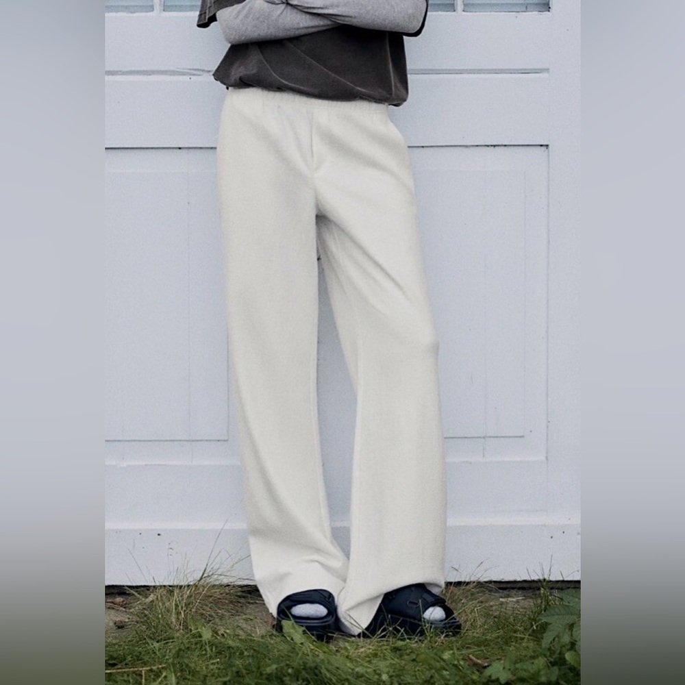 ZARA TEXTURED WOOL WIDE LEG PULL ON PANTS CASUAL CHIC NEUTRAL LOUNGEWEAR Ecru S